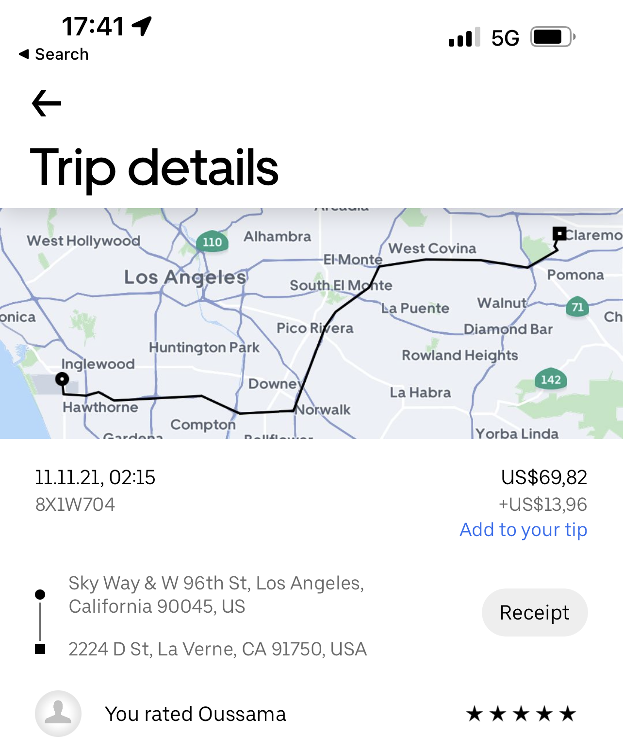 Screenshot der Uber-Fahrt von LAX nach Claremont mit Oussama